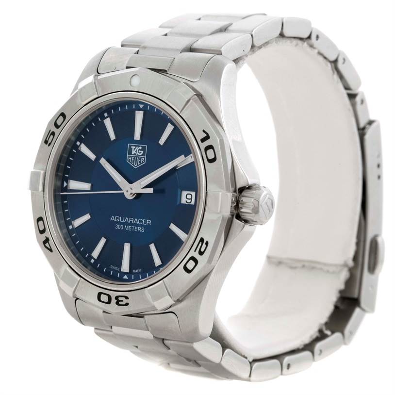 This image shows a Tag Heuer Aquaracer WAP1112 Men's Stainless Steel Blue Dial WAP1112 Men's Stainless Steel Blue Dial watch at a slight angle, highlighting its face, bezel, and bracelet.