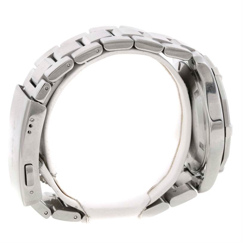 The image shows a side view of the Tag Heuer Aquaracer WAP1112 Men's Stainless Steel Blue Dial WAP1112 Men's Stainless Steel Blue Dial watch, highlighting its metal bracelet and clasp.