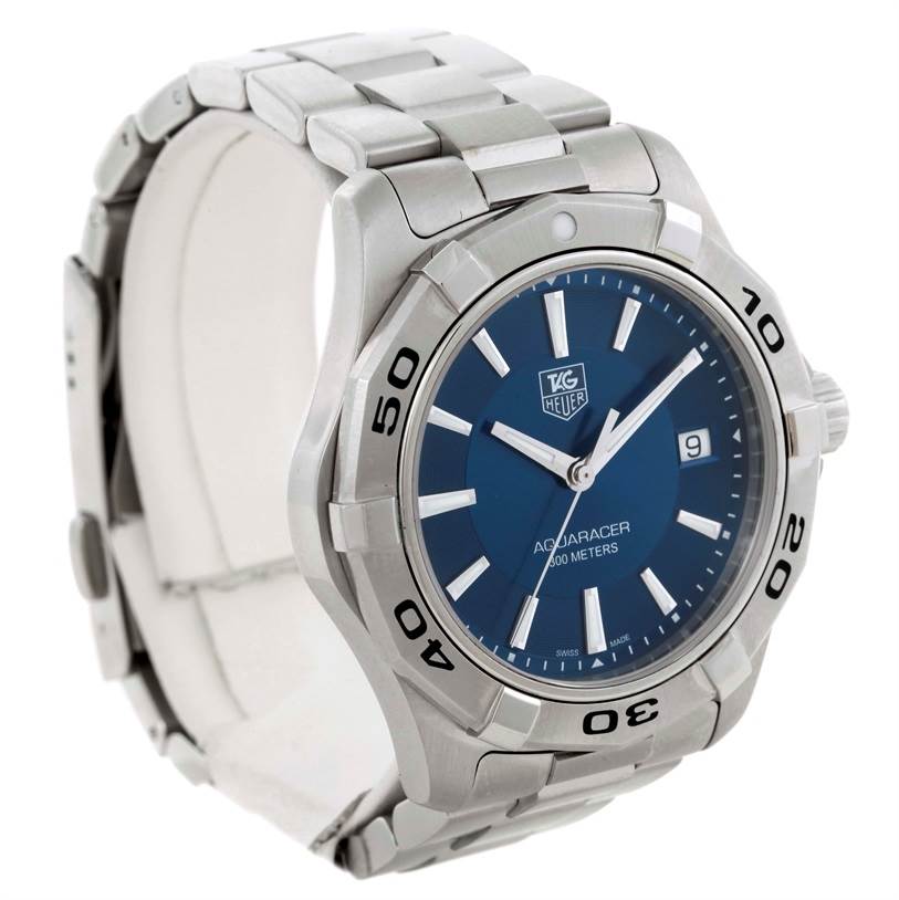 The image shows a side and front angle of a Tag Heuer Aquaracer WAP1112 Men's Stainless Steel Blue Dial WAP1112 Men's Stainless Steel Blue Dial watch, featuring its bezel, dial, and stainless steel bracelet.
