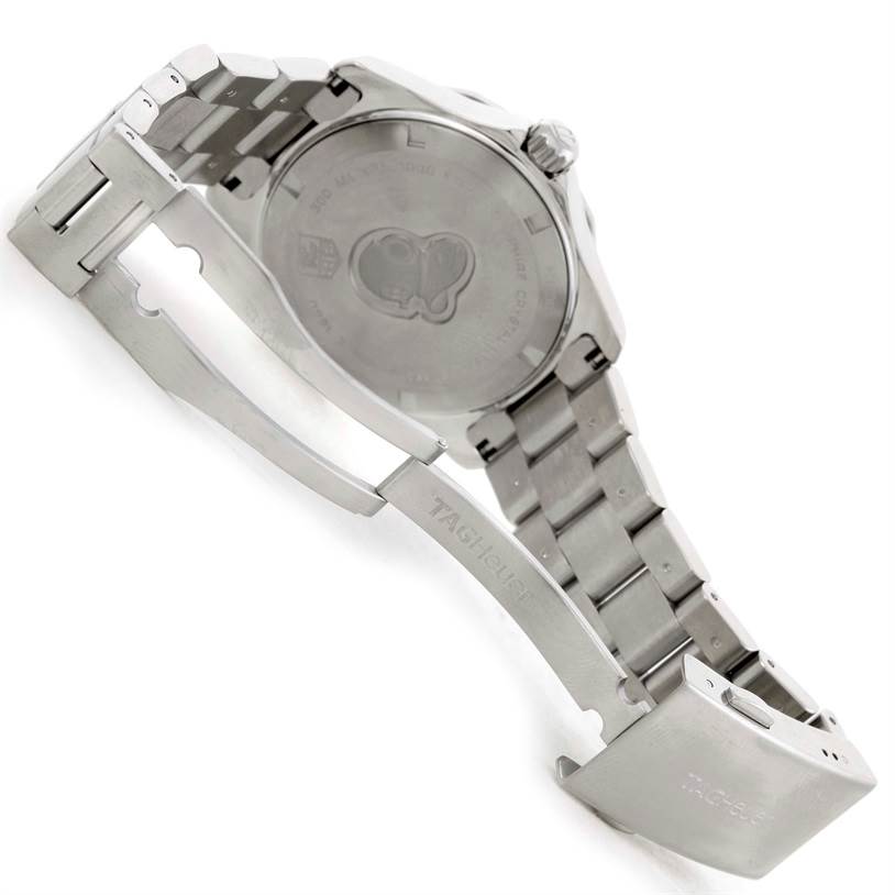 The image shows the back case and open clasp of a Tag Heuer Aquaracer WAP1112 Men's Stainless Steel Blue Dial WAP1112 Men's Stainless Steel Blue Dial watch, focusing on its stainless steel bracelet.