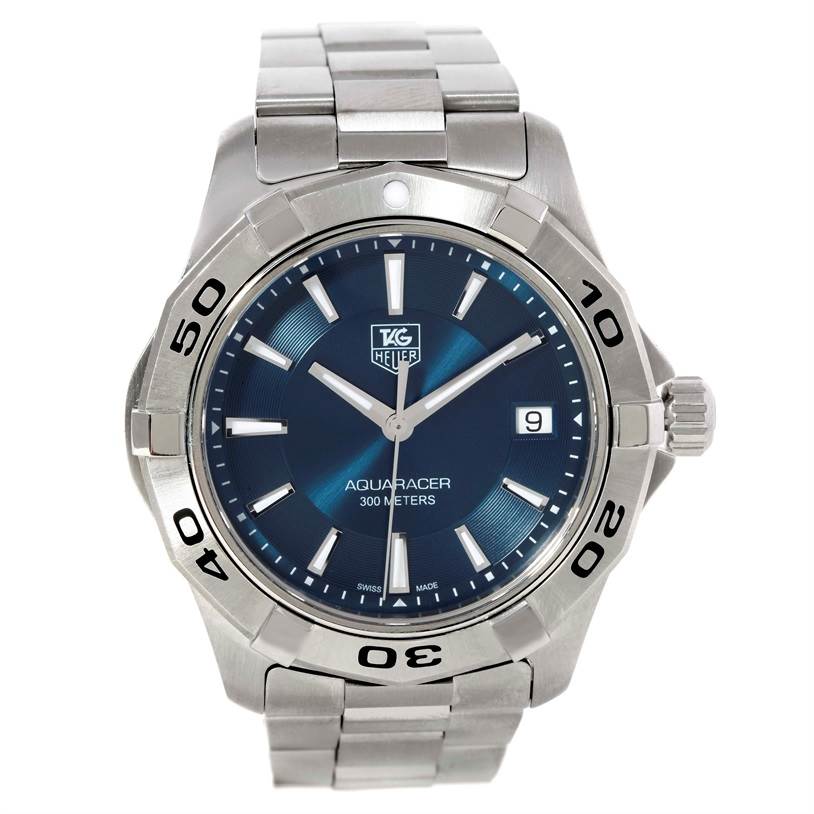 This image shows a frontal view of the Tag Heuer Aquaracer WAP1112 Men's Stainless Steel Blue Dial WAP1112 Men's Stainless Steel Blue Dial watch, highlighting its blue dial, bezel, and stainless steel bracelet.
