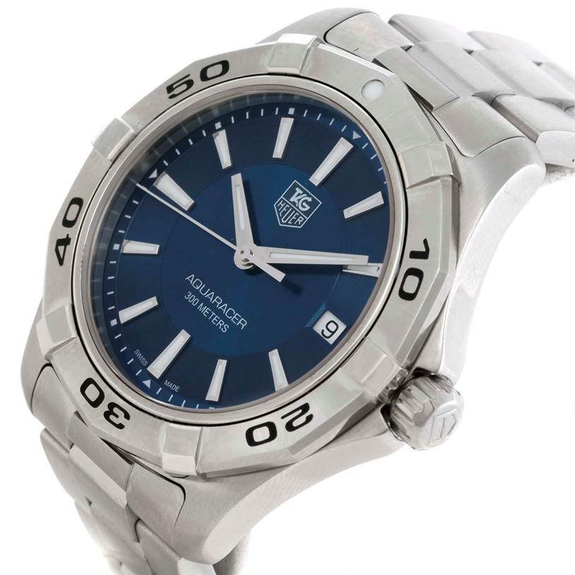 The image shows a close-up angled view of the dial, bezel, crown, and bracelet of a Tag Heuer Aquaracer WAP1112 Men's Stainless Steel Blue Dial WAP1112 Men's Stainless Steel Blue Dial watch.
