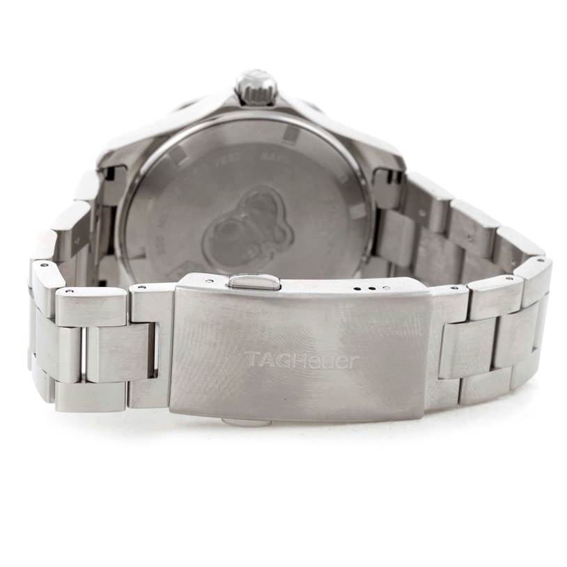 The image shows the back view of a Tag Heuer Aquaracer WAP1112 Men's Stainless Steel Blue Dial WAP1112 Men's Stainless Steel Blue Dial watch, highlighting its stainless steel bracelet and clasp.