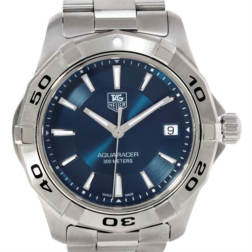 The image displays a front view of the Tag Heuer Aquaracer WAP1112 Men's Stainless Steel Blue Dial WAP1112 Men's Stainless Steel Blue Dial watch showing the dial, bezel, and part of the bracelet.