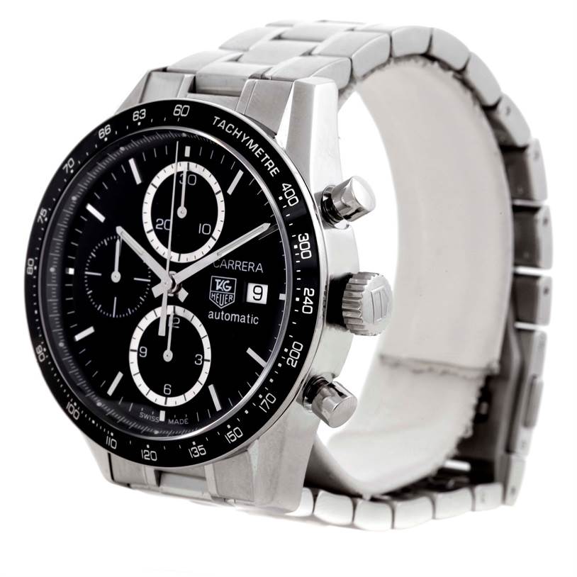 The Tag Heuer Carrera CV2010-3 Men's Stainless Steel Black Dial CV2010-3 Men's Stainless Steel Black Dial watch is shown from an angled side view displaying the face, crown, pushers, and part of the metal bracelet.