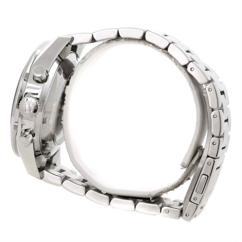 The image shows a side view of a Tag Heuer Carrera CV2010-3 Men's Stainless Steel Black Dial CV2010-3 Men's Stainless Steel Black Dial watch, highlighting its stainless steel case and bracelet.