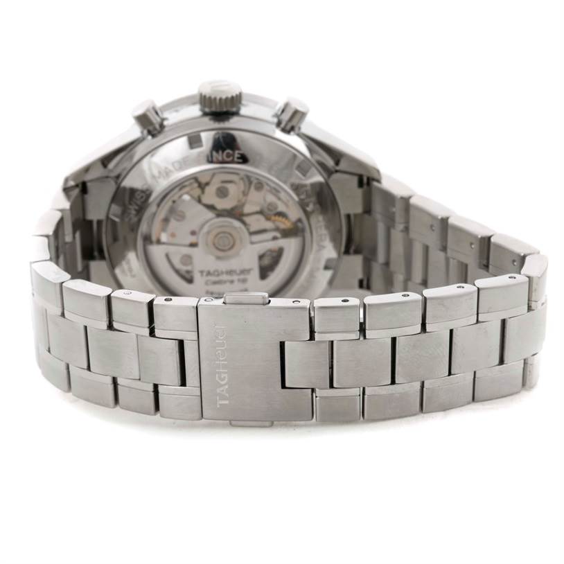 The image shows the back view of a Tag Heuer Carrera CV2010-3 Men's Stainless Steel Black Dial CV2010-3 Men's Stainless Steel Black Dial watch and its stainless steel band.