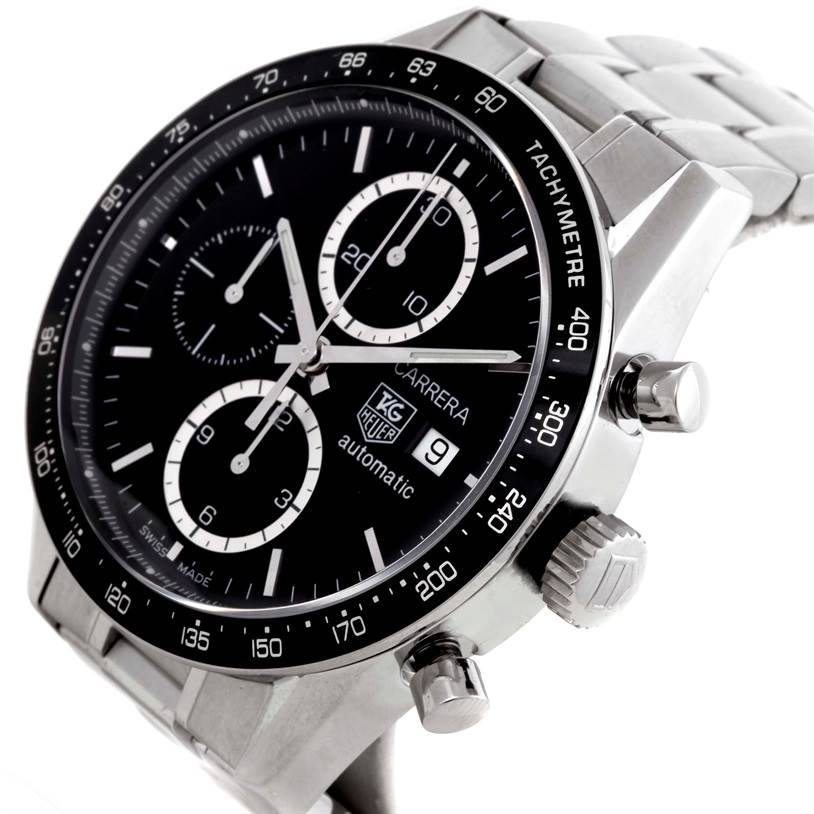 The Tag Heuer Carrera CV2010-3 Men's Stainless Steel Black Dial CV2010-3 Men's Stainless Steel Black Dial watch is shown at a three-quarter angle, highlighting the dial, bezel, crown, and chronograph pushers.