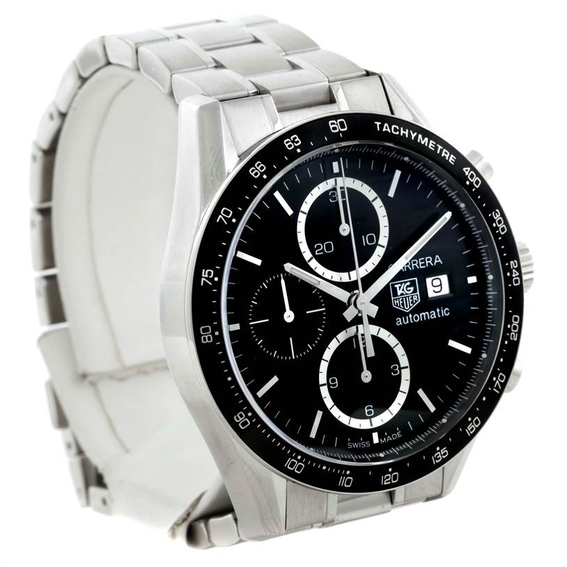 This image shows a Tag Heuer Carrera CV2010-3 Men's Stainless Steel Black Dial CV2010-3 Men's Stainless Steel Black Dial watch from an angled front perspective, highlighting the dial and part of the bracelet.