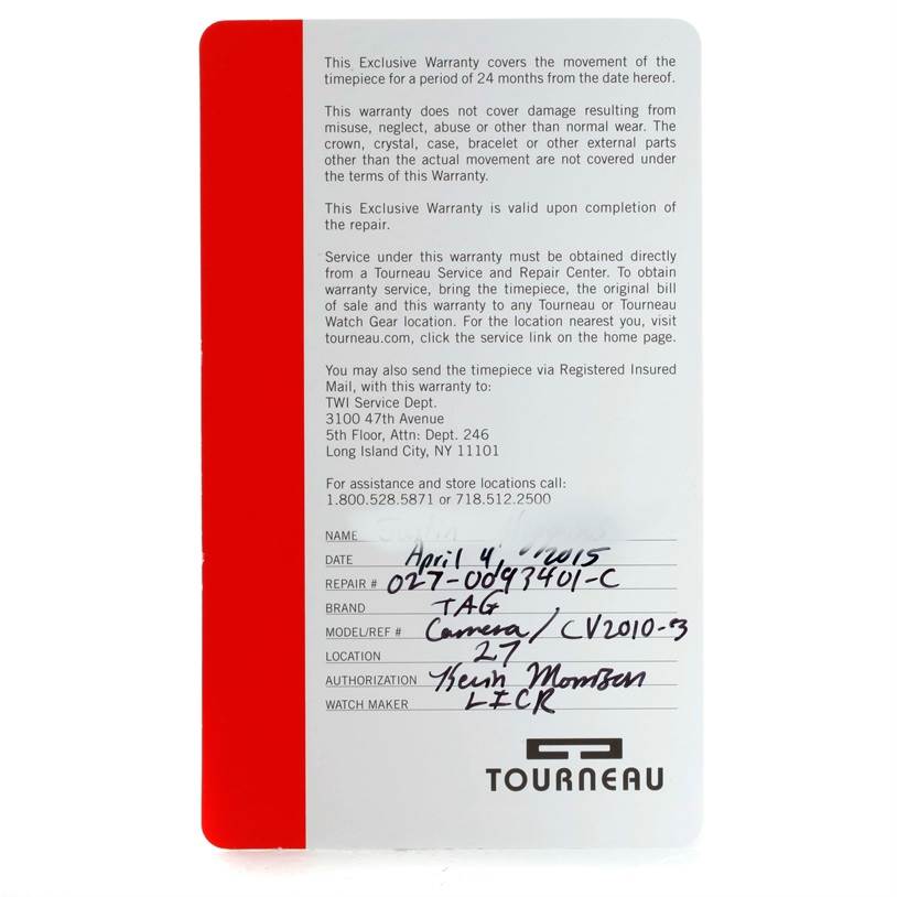 This image shows a warranty card for the Tag Heuer Carrera CV2010-3 Men's Stainless Steel Black Dial CV2010-3 Men's Stainless Steel Black Dial model CV2010-3.