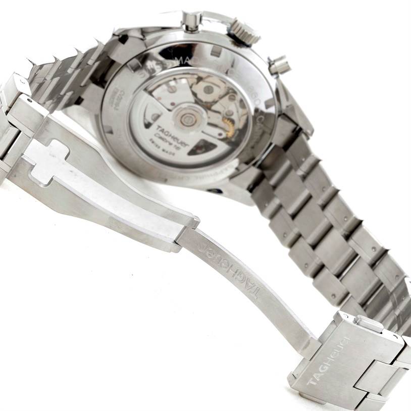 The image shows the back case, movement, and clasp of a Tag Heuer Carrera CV2010-3 Men's Stainless Steel Black Dial CV2010-3 Men's Stainless Steel Black Dial watch with a metal bracelet.