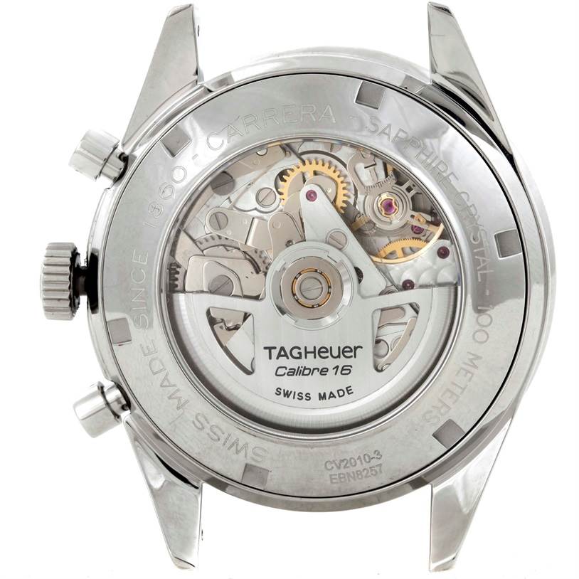 This image shows the back view of a Tag Heuer Carrera CV2010-3 Men's Stainless Steel Black Dial CV2010-3 Men's Stainless Steel Black Dial watch, revealing its Calibre 16 movement.