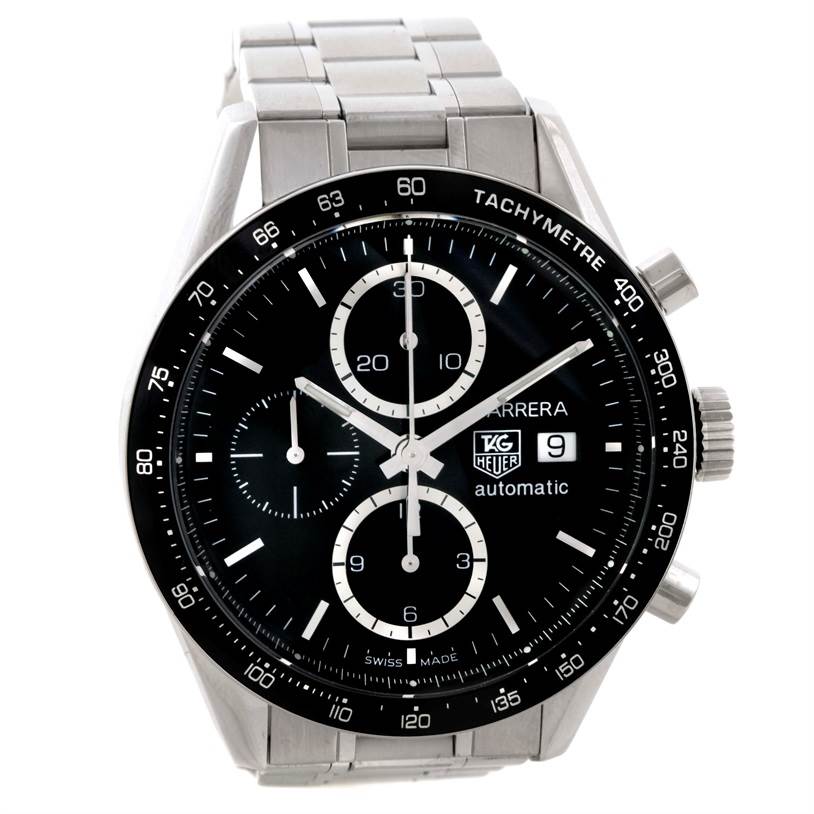 This image shows a front view of a Tag Heuer Carrera CV2010-3 Men's Stainless Steel Black Dial CV2010-3 Men's Stainless Steel Black Dial watch highlighting the dial, bezel, and stainless steel bracelet.