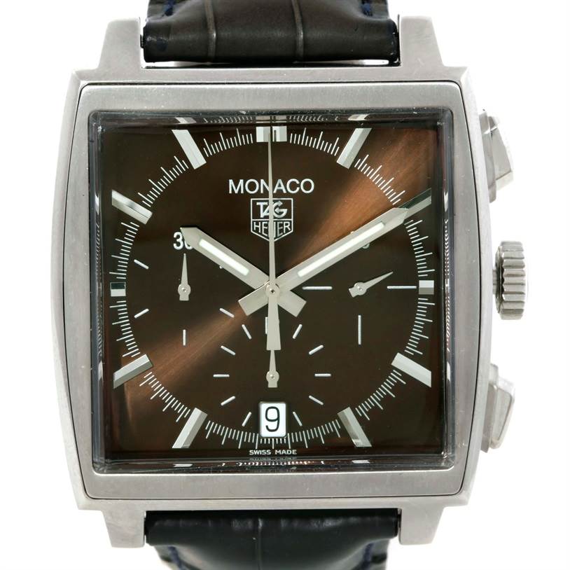 The image shows a front view of a Tag Heuer Monaco CW2114 Men's Stainless Steel Brown Dial CW2114 Men's Stainless Steel Brown Dial watch displaying its face, hands, crown, and pushers.