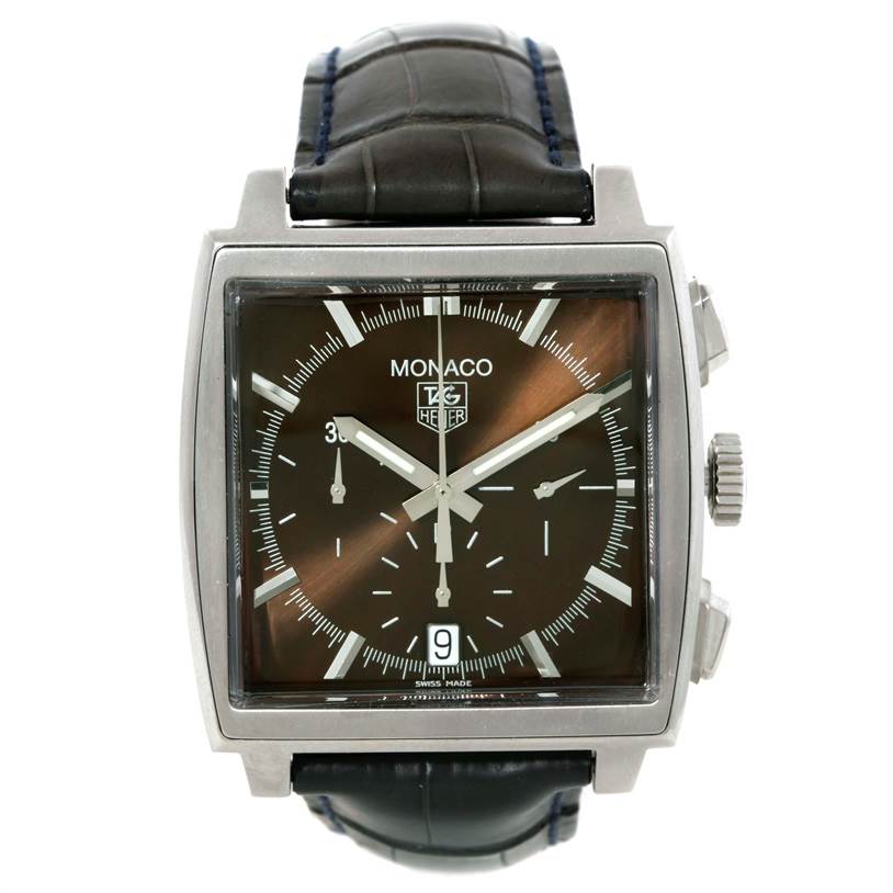 This image shows a frontal view of a Tag Heuer Monaco CW2114 Men's Stainless Steel Brown Dial CW2114 Men's Stainless Steel Brown Dial watch with a square case, black leather strap, and black dial.