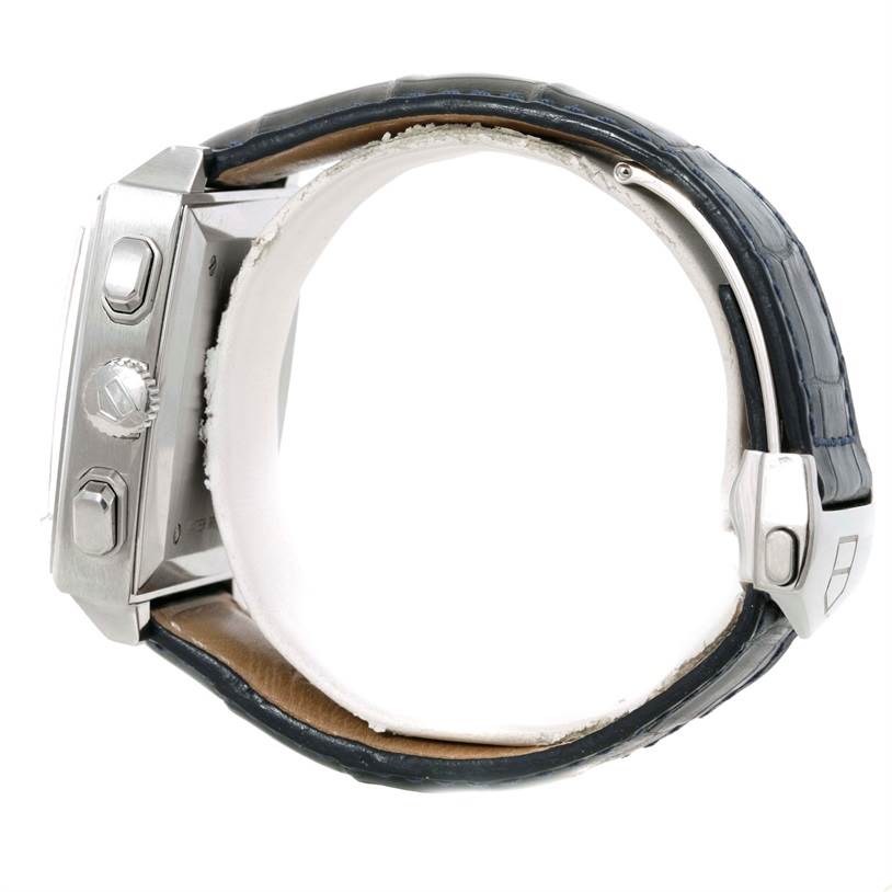 This image shows a side view of the Tag Heuer Monaco CW2114 Men's Stainless Steel Brown Dial CW2114 Men's Stainless Steel Brown Dial watch, highlighting its buttons, crown, and leather strap.