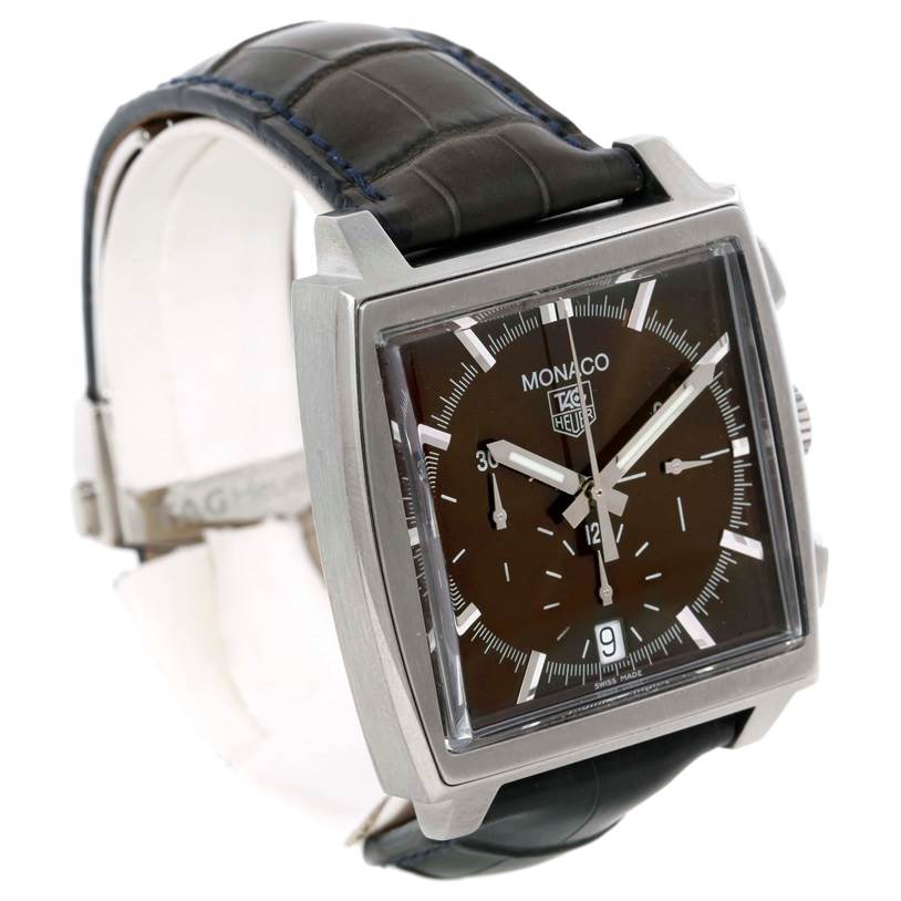 The image shows a Tag Heuer Monaco CW2114 Men's Stainless Steel Brown Dial CW2114 Men's Stainless Steel Brown Dial watch at an angle highlighting its square face, dial, and leather strap.