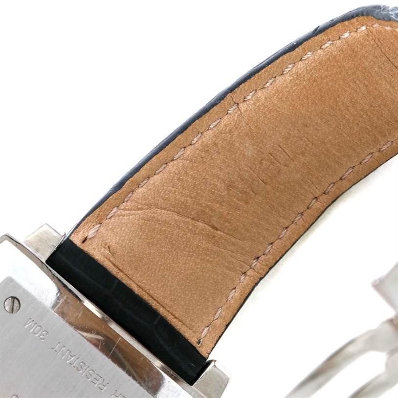 The image shows the leather strap and backside of the case of a Tag Heuer Monaco CW2114 Men's Stainless Steel Brown Dial CW2114 Men's Stainless Steel Brown Dial watch.