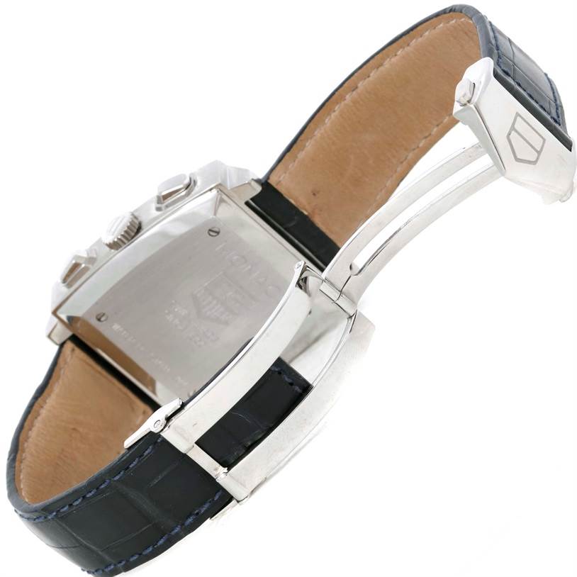 This image shows the back and clasp of the Tag Heuer Monaco CW2114 Men's Stainless Steel Brown Dial CW2114 Men's Stainless Steel Brown Dial watch, including the leather strap and deployment buckle.