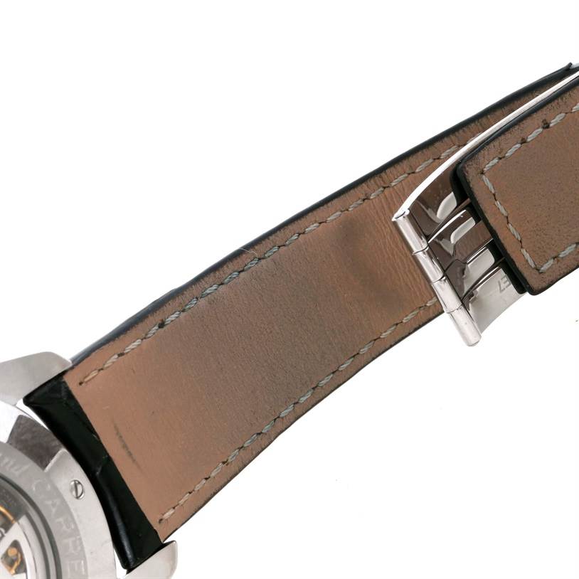 The image shows the buckle and leather strap of a Tag Heuer Carrera CAV511A.FC6225 Men's Stainless Steel Black Dial CAV511A.FC6225 Men's Stainless Steel Black Dial watch, viewed from the back.
