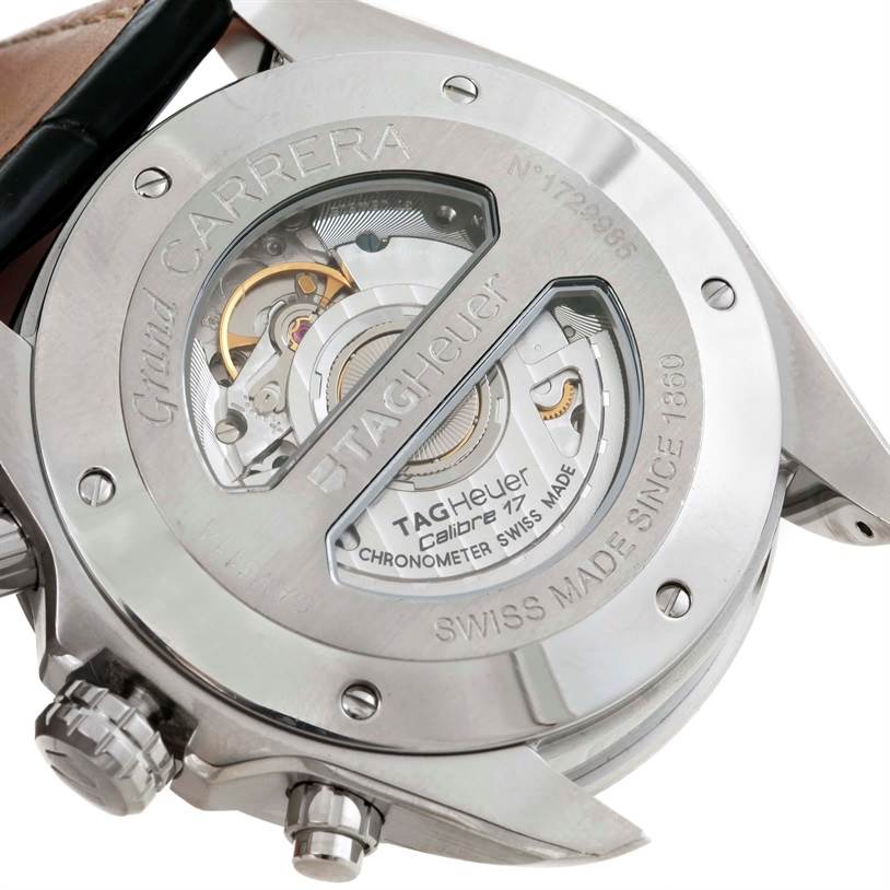 The image shows the back case of the Tag Heuer Carrera CAV511A.FC6225 Men's Stainless Steel Black Dial CAV511A.FC6225 Men's Stainless Steel Black Dial watch, highlighting its inner mechanical components.