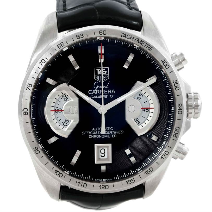 The image shows a Tag Heuer Carrera CAV511A.FC6225 Men's Stainless Steel Black Dial CAV511A.FC6225 Men's Stainless Steel Black Dial model watch from a front angle, highlighting its dial, chronograph subdials, date window, and tachymeter scale.