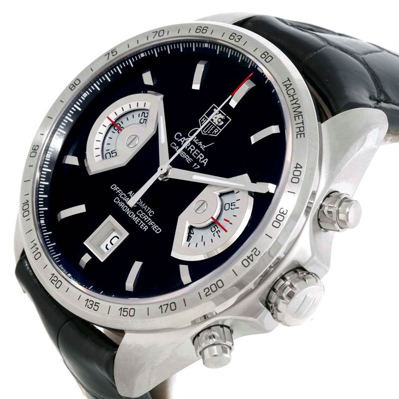 This image shows a close-up of the Tag Heuer Carrera CAV511A.FC6225 Men's Stainless Steel Black Dial CAV511A.FC6225 Men's Stainless Steel Black Dial watch face at an angled view, highlighting the dial, sub-dials, and crown.