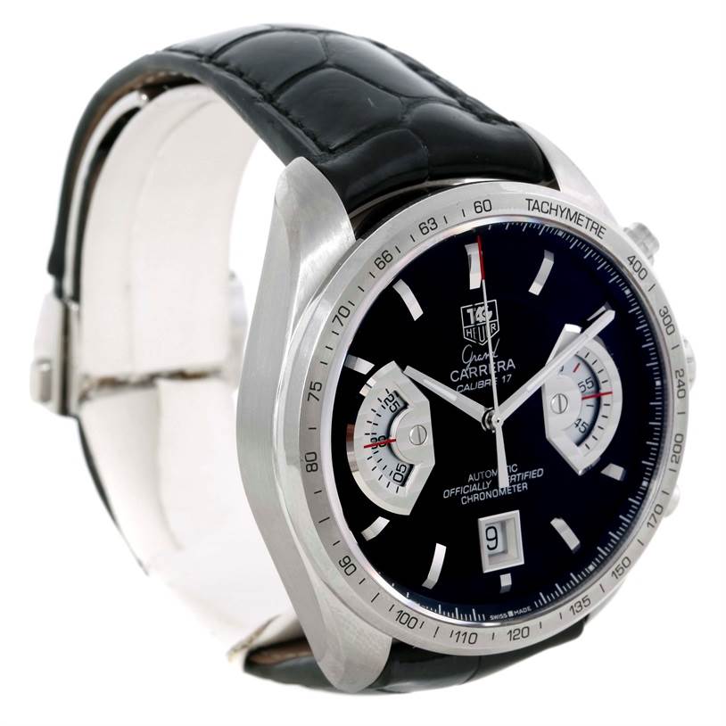 The Tag Heuer Carrera CAV511A.FC6225 Men's Stainless Steel Black Dial CAV511A.FC6225 Men's Stainless Steel Black Dial watch is shown from a front-left angle, highlighting the dial, bezel, chronograph subdials, and leather strap.