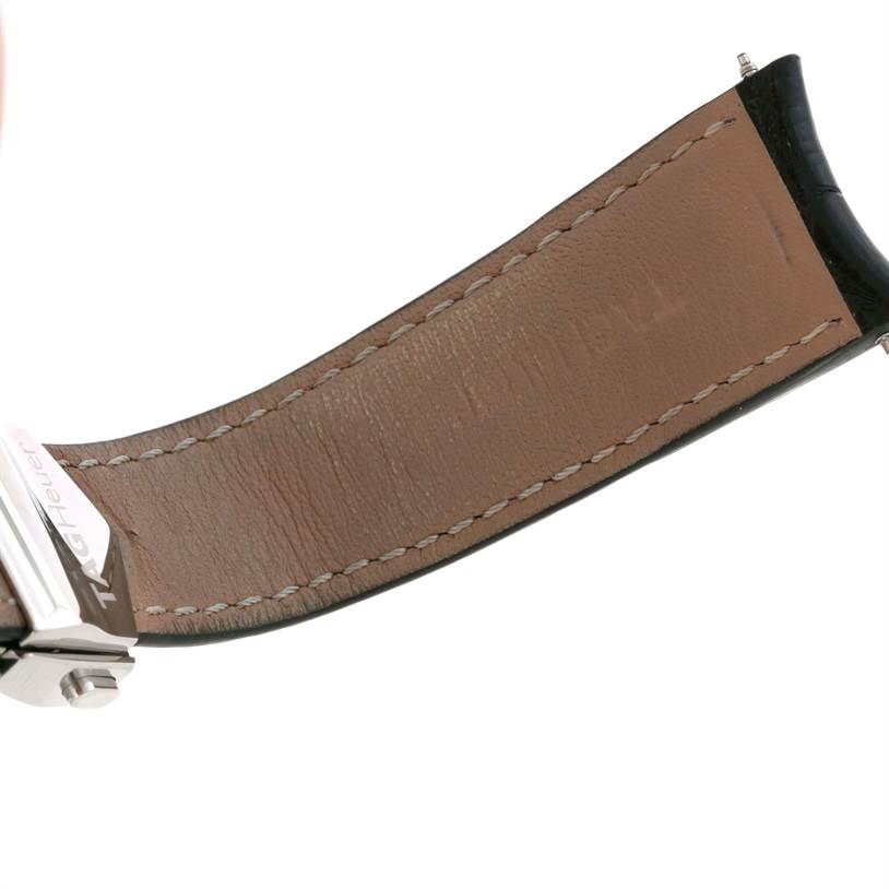 This image shows the underside of a Tag Heuer Carrera CAV511A.FC6225 Men's Stainless Steel Black Dial CAV511A.FC6225 Men's Stainless Steel Black Dial watch's leather strap and part of its clasp.
