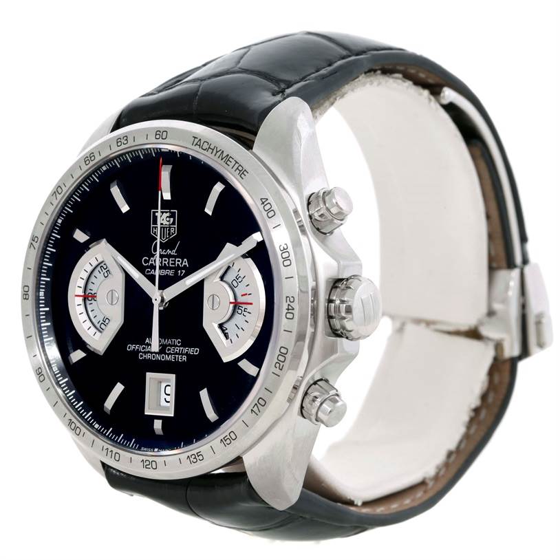 The image shows a side and front angle of a Tag Heuer Carrera CAV511A.FC6225 Men's Stainless Steel Black Dial CAV511A.FC6225 Men's Stainless Steel Black Dial model watch, highlighting its face, bezel, crown, and strap.