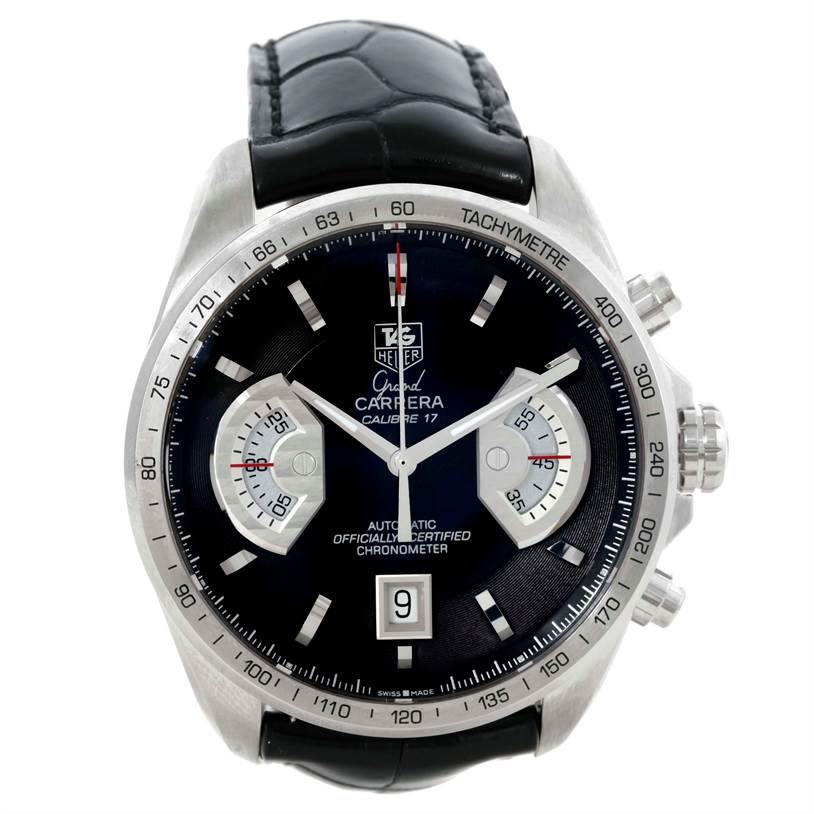 The image shows a Tag Heuer Carrera CAV511A.FC6225 Men's Stainless Steel Black Dial CAV511A.FC6225 Men's Stainless Steel Black Dial watch from the front, highlighting the dial, subdials, bezel, and crown.