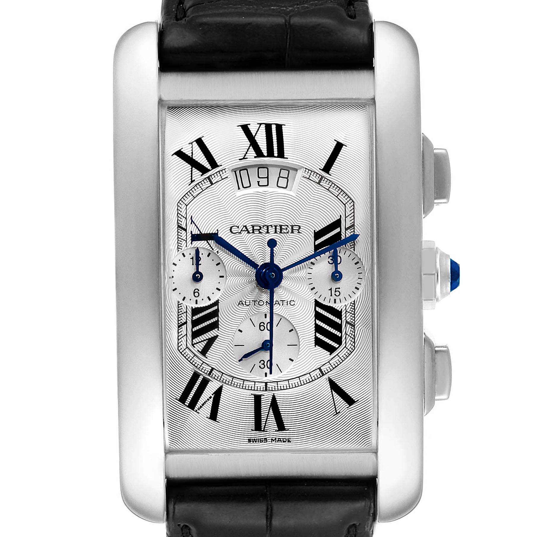 The image shows a Cartier Tank Americaine W2609456 Men's White Gold Silver Dial W2609456 Men's White Gold Silver Dial watch from a straight-on angle, highlighting the face, case, and part of the strap.