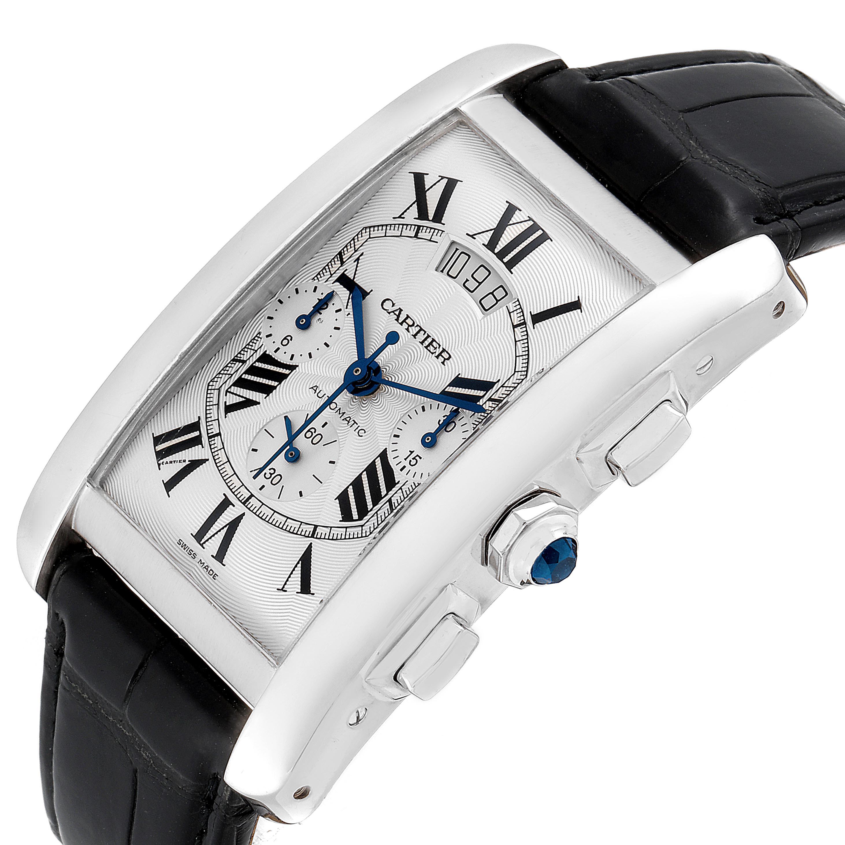 The image shows a Tank Americaine model by Cartier at an angled side view, highlighting the rectangular dial, Roman numerals, and leather strap.