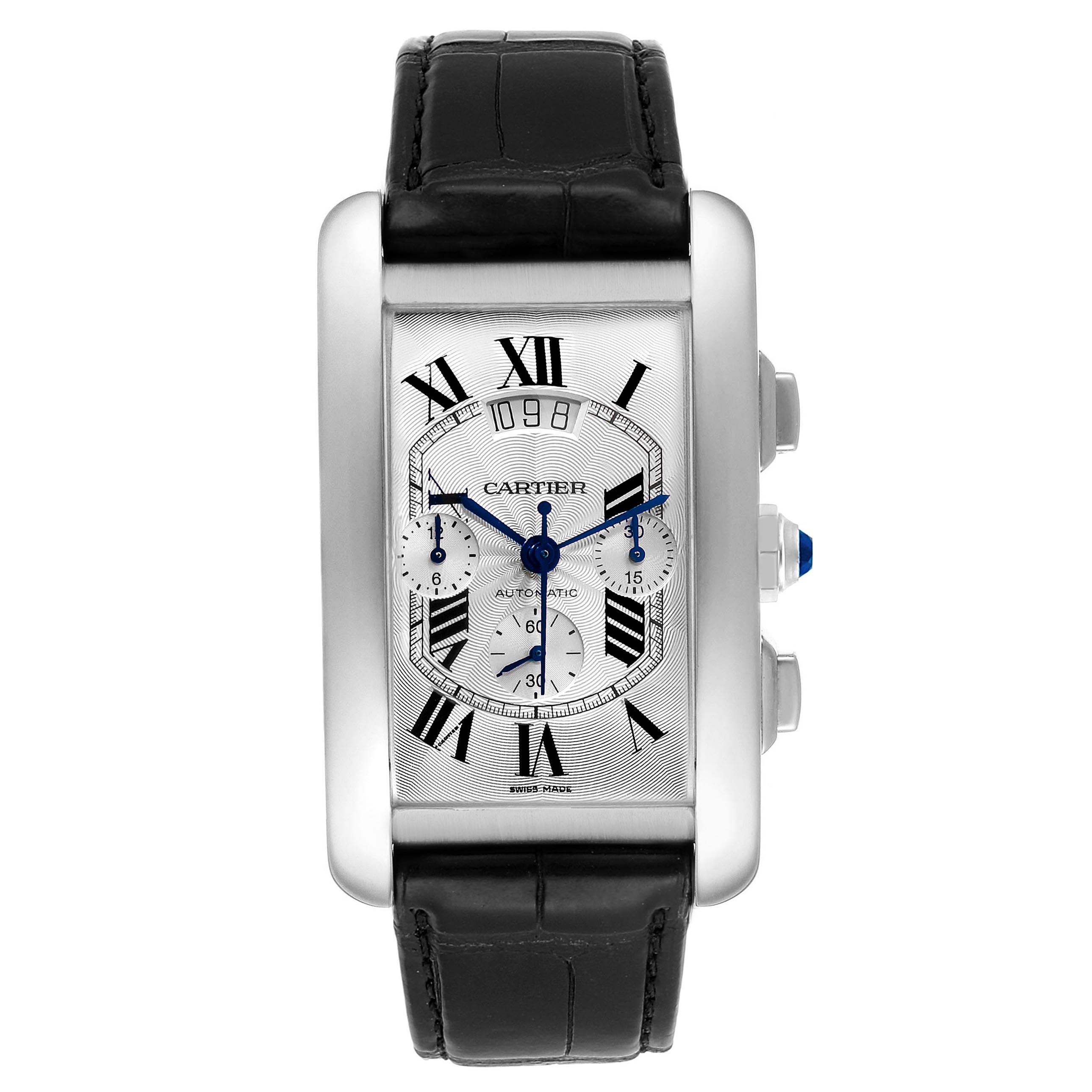 The image shows a front view of the Cartier Tank Americaine W2609456 Men's White Gold Silver Dial W2609456 Men's White Gold Silver Dial watch, highlighting the face, black leather strap, and side buttons.
