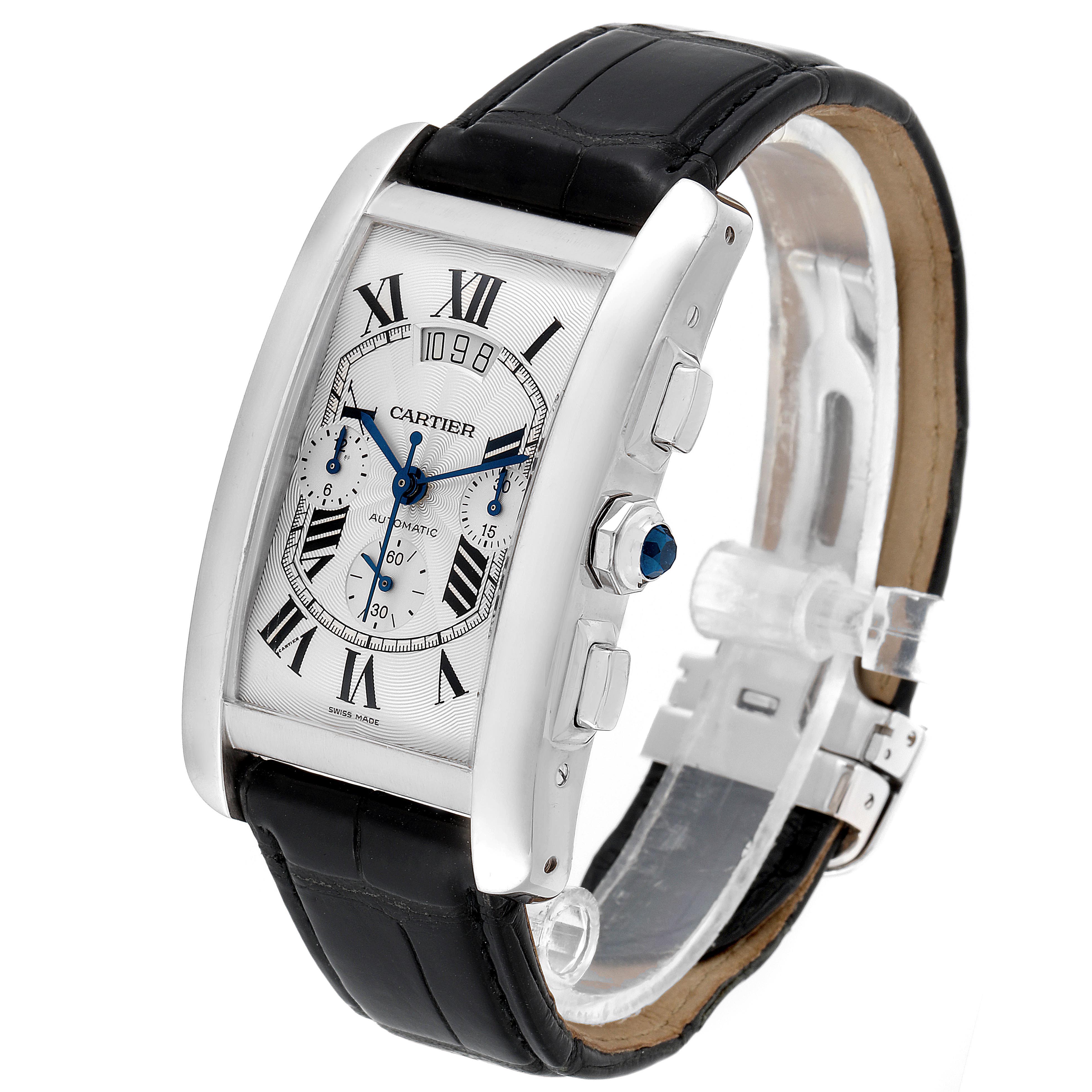 The image shows a Cartier Tank Americaine W2609456 Men's White Gold Silver Dial W2609456 Men's White Gold Silver Dial watch at an angled perspective, highlighting its rectangular face, Roman numerals, and black leather strap.