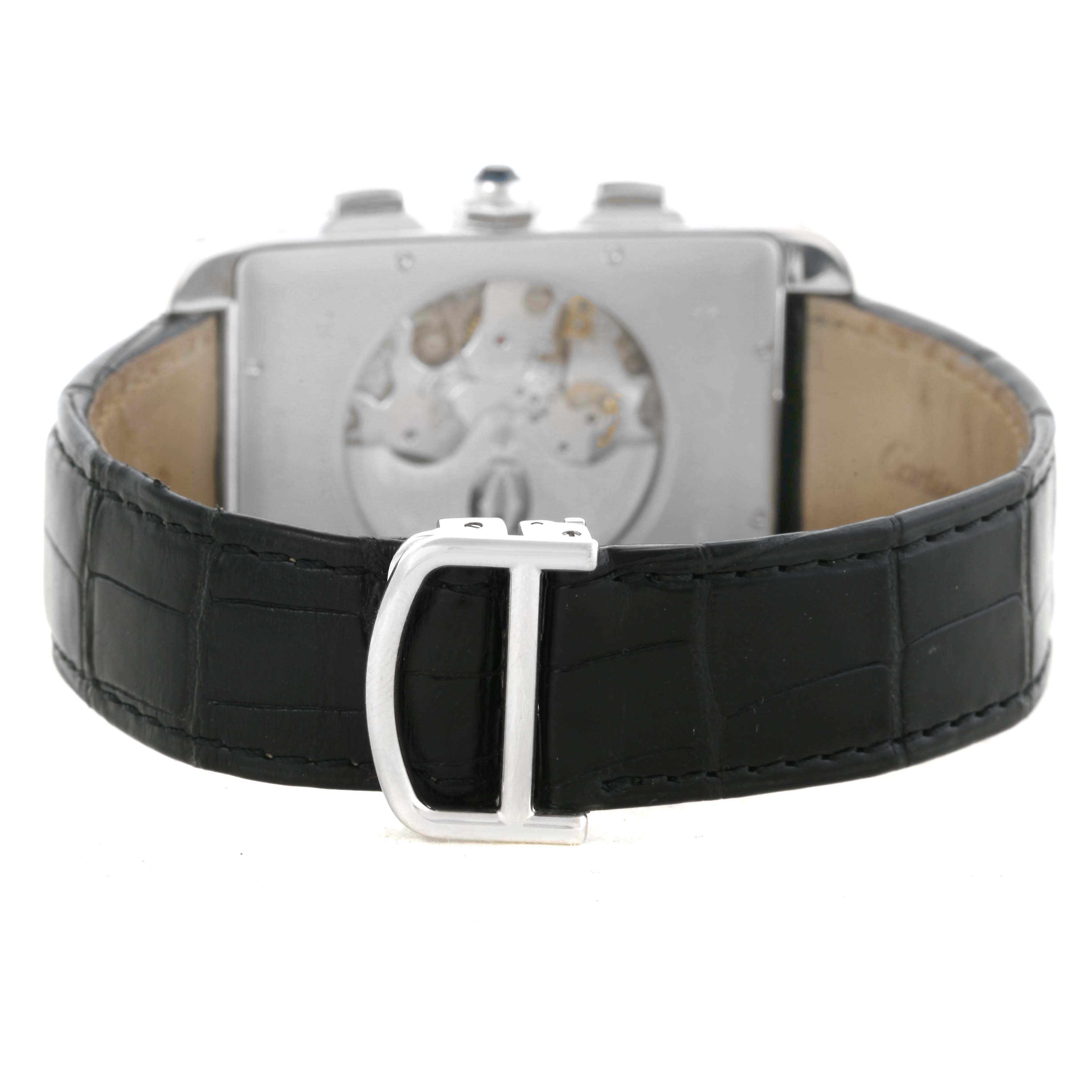 The image shows the back view of the Cartier Tank Americaine W2609456 Men's White Gold Silver Dial W2609456 Men's White Gold Silver Dial watch, highlighting its leather strap and buckle.