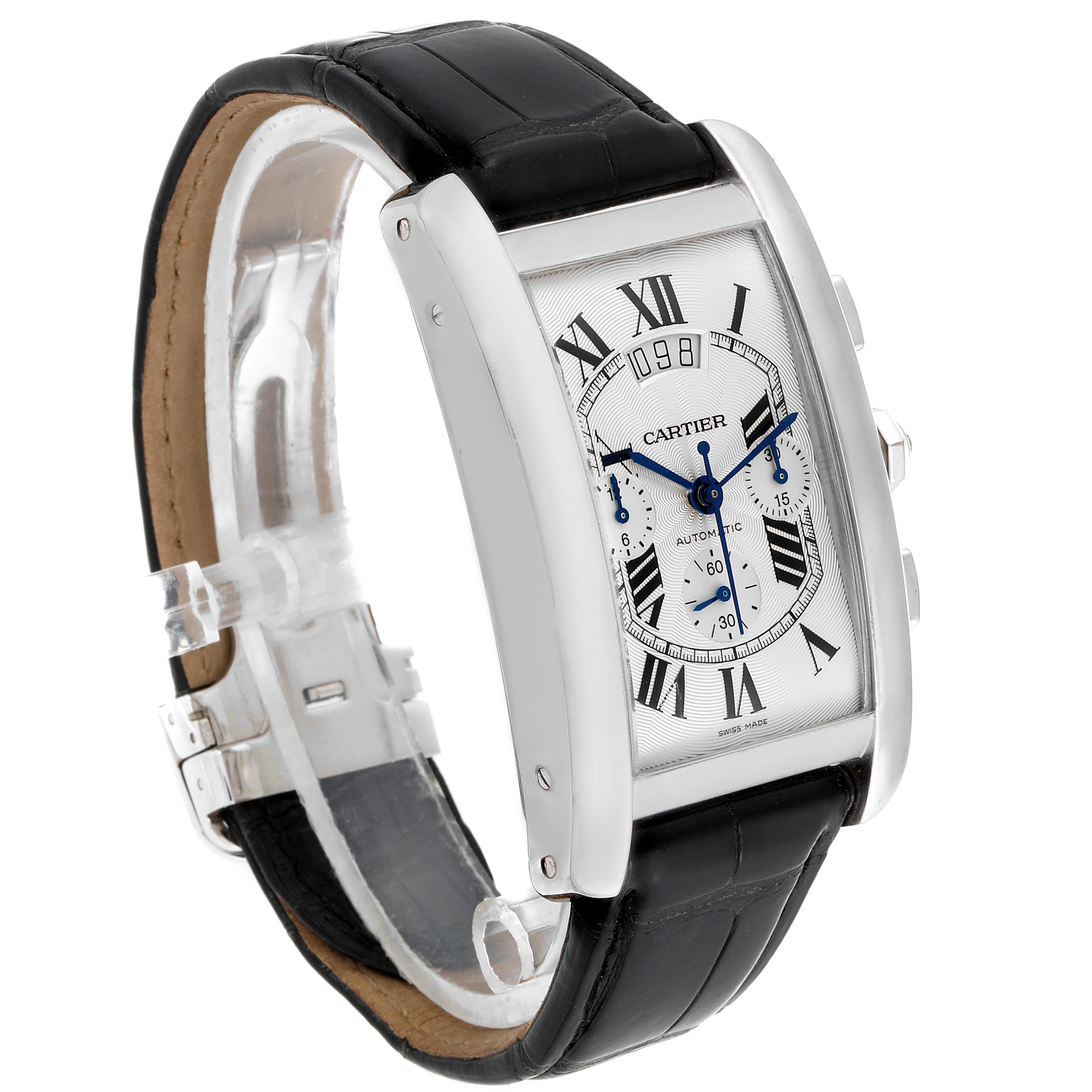 The image shows a Cartier Tank Americaine W2609456 Men's White Gold Silver Dial W2609456 Men's White Gold Silver Dial watch from a three-quarter view, displaying the dial, case, and strap.