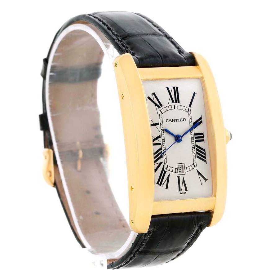 The image shows a front and partial side view of a Cartier Tank Américaine watch, highlighting its rectangular case and black leather strap.