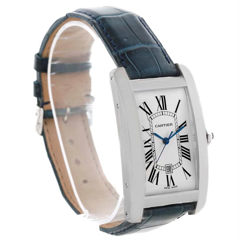 The image shows a front-left angled view of the Cartier Tank Americaine W2603256 Men's White Gold Silver Dial W2603256 Men's White Gold Silver Dial watch, displaying the face, bezel, case, crown, and strap.