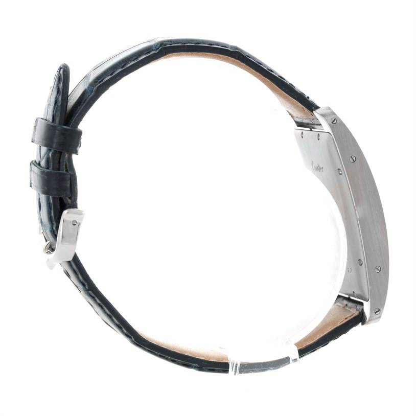 This side view of the Cartier Tank Americaine W2603256 Men's White Gold Silver Dial W2603256 Men's White Gold Silver Dial watch showcases the leather strap and side profile of the case.