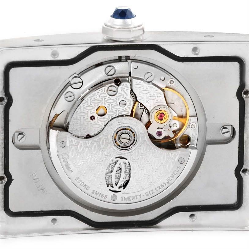 This image shows the movement mechanism of a Cartier Tank Americaine W2603256 Men's White Gold Silver Dial W2603256 Men's White Gold Silver Dial watch viewed from the back.