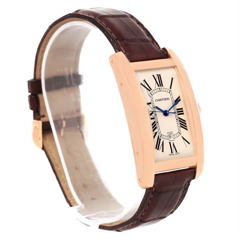 The image shows a Cartier Tank Americaine W2609156 Rose Gold Silver Dial W2609156 Rose Gold Silver Dial watch, highlighting its rectangular face, Roman numerals, leather strap, and case from a slight side angle.