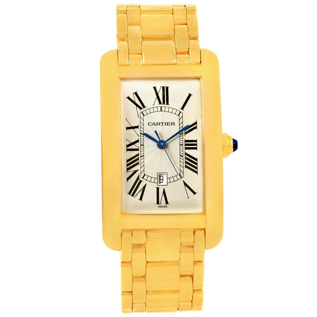 This image shows a front view of the Cartier Tank Americaine W26031K2 Men
s Yellow Gold Silver Dial W26031K2 Men
s Yellow Gold Silver Dial watch, displaying the dial and part of the bracelet.