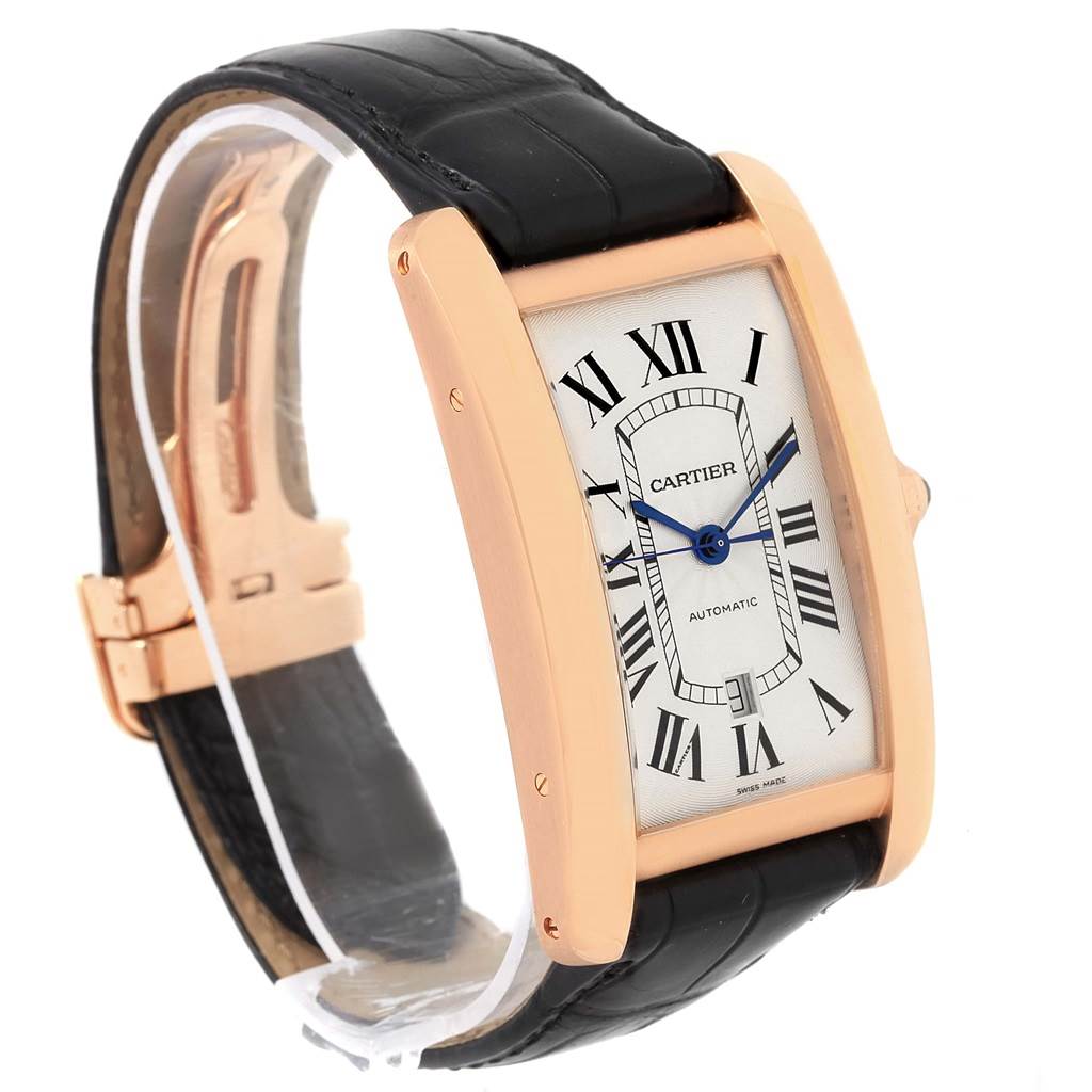 The Cartier Tank Americaine W2609856 Men's Rose Gold Silver Dial W2609856 Men's Rose Gold Silver Dial watch is shown at a three-quarter angle, highlighting its face, case, and strap.