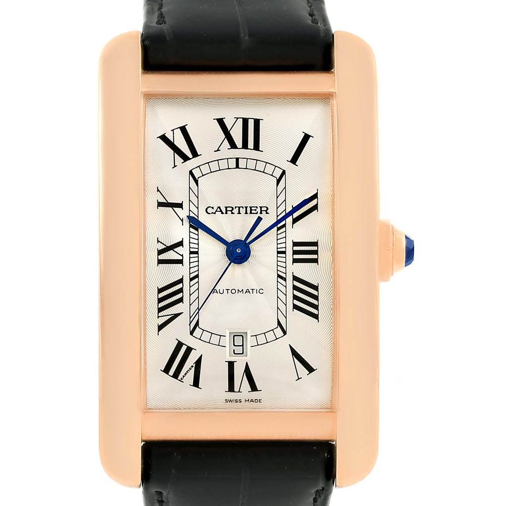 The image shows a front view of a Cartier Tank Americaine W2609856 Men's Rose Gold Silver Dial W2609856 Men's Rose Gold Silver Dial watch, highlighting its rectangular case, Roman numeral dial, and black strap.