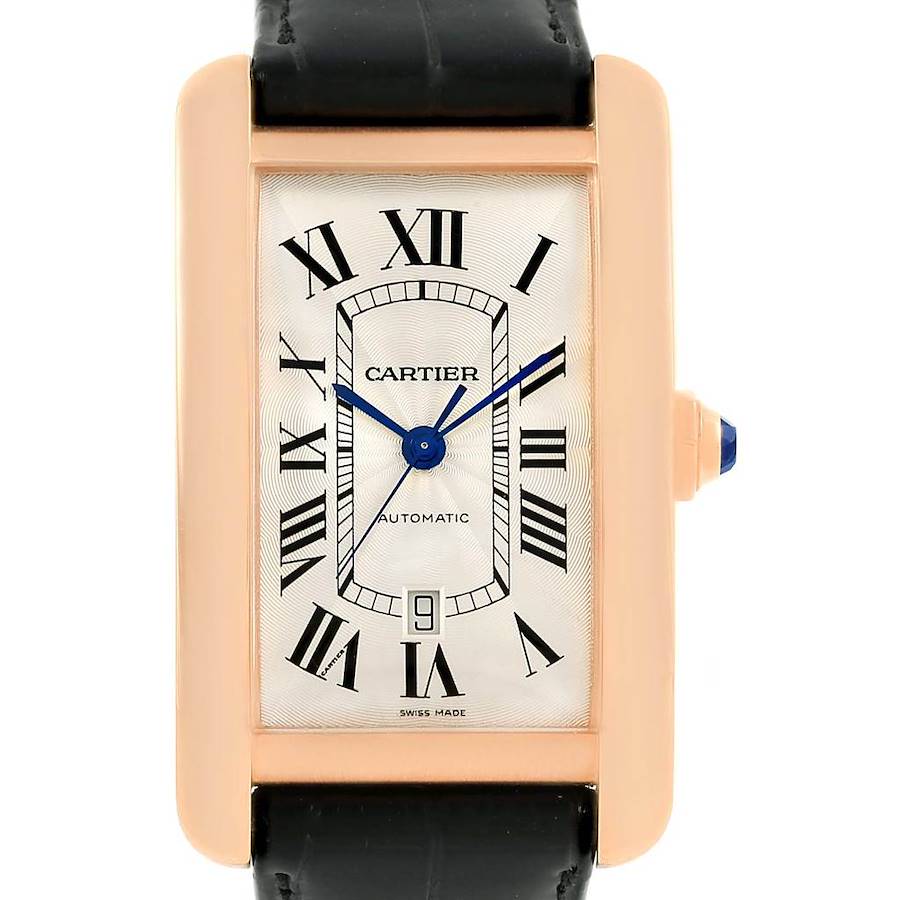 The image shows a front view of a Cartier Tank Americaine watch, highlighting its rectangular case, Roman numeral dial, and black strap.