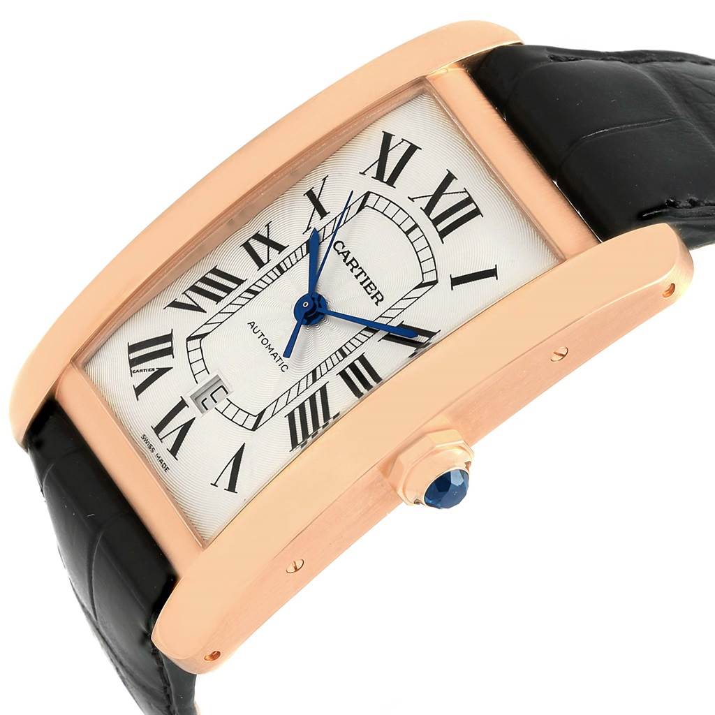 The image shows a Cartier Tank Americaine W2609856 Men's Rose Gold Silver Dial W2609856 Men's Rose Gold Silver Dial watch at an angled side view highlighting the case, dial, crown, and strap.