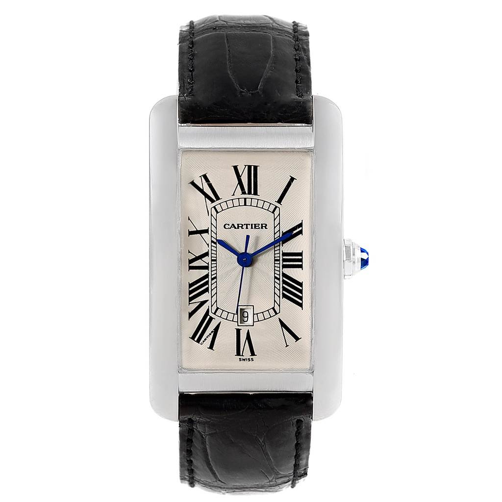 This image shows a front view of the Cartier Tank Americaine W2603256 Men's White Gold Silver Dial W2603256 Men's White Gold Silver Dial watch, displaying the face, strap, and side crown.