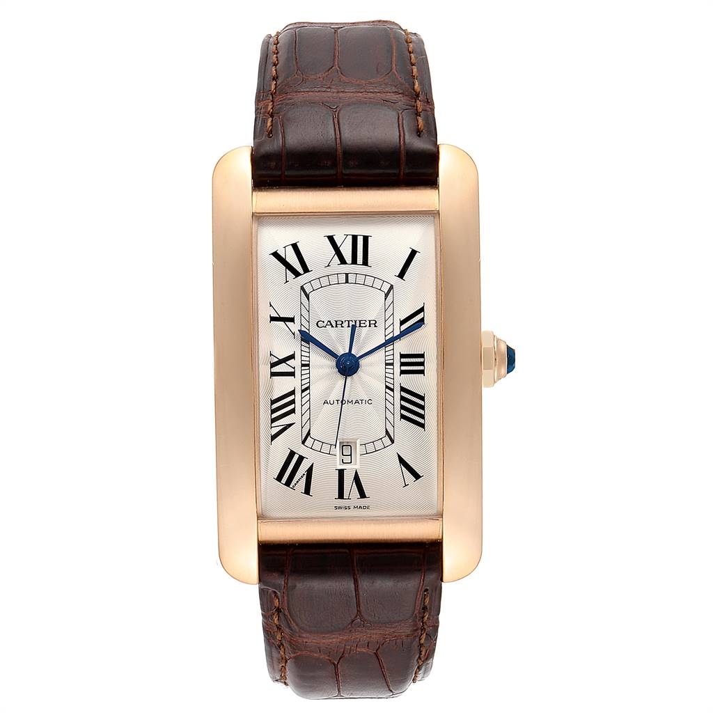 A front view of the Cartier Tank Americaine W2609856 Men's Rose Gold Silver Dial W2609856 Men's Rose Gold Silver Dial watch, showing the face, Roman numerals, blued hands, and brown leather strap.