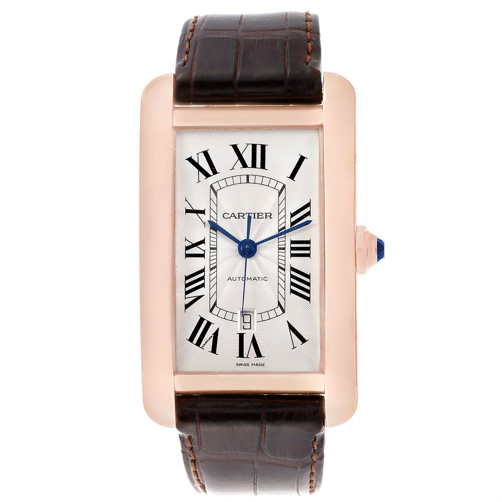 This image shows a frontal view of the Cartier Tank Americaine W2609856 Men's Rose Gold Silver Dial W2609856 Men's Rose Gold Silver Dial watch featuring its rectangular dial, Roman numerals, and leather strap.